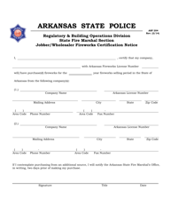 Form ASP204 Jobber/Wholesaler Fireworks Certification Notice - Arkansas