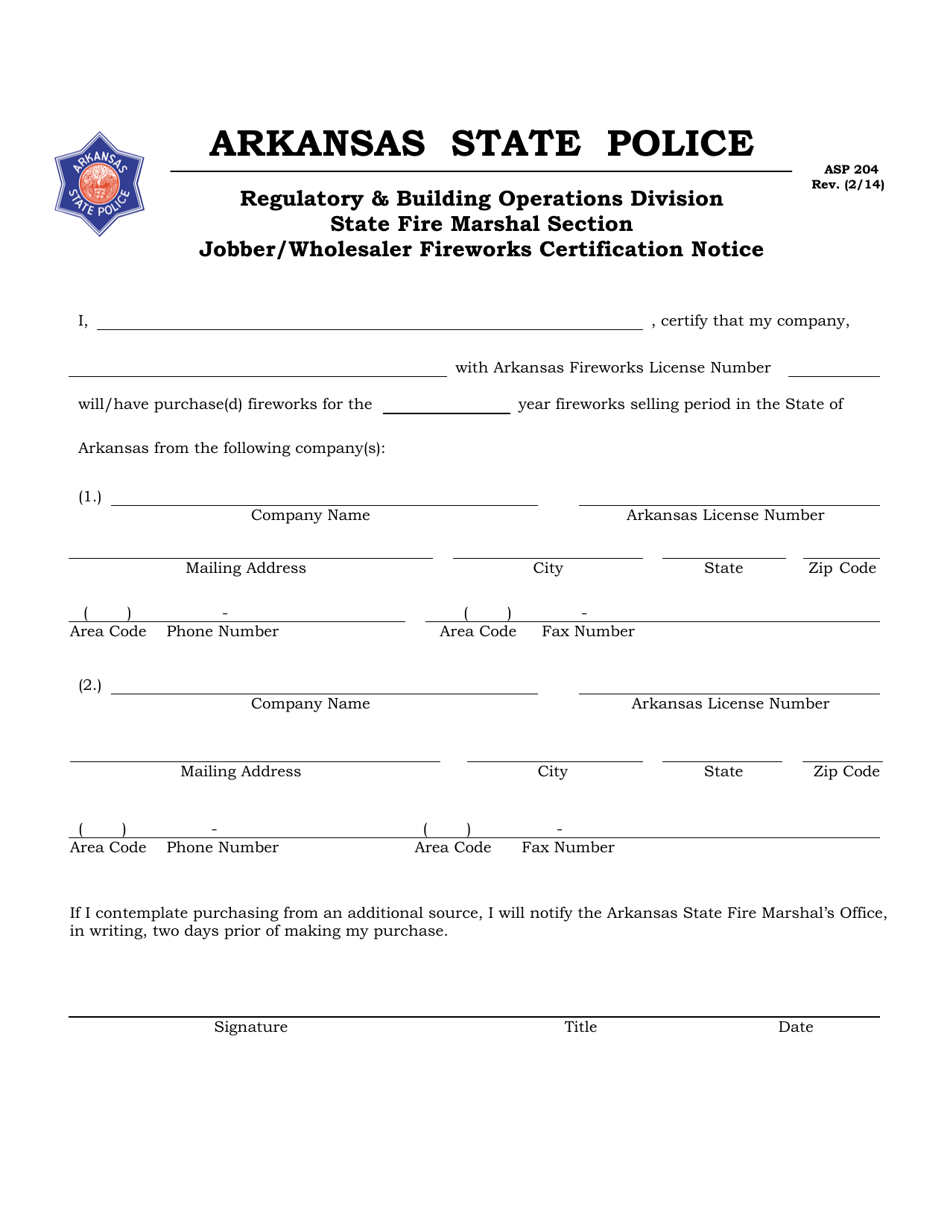 Form ASP204 Jobber / Wholesaler Fireworks Certification Notice - Arkansas, Page 1