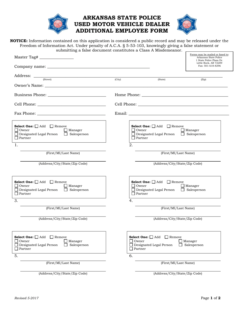 Used Motor Vehicle Dealer Additional Employee Form - Arkansas, Page 1