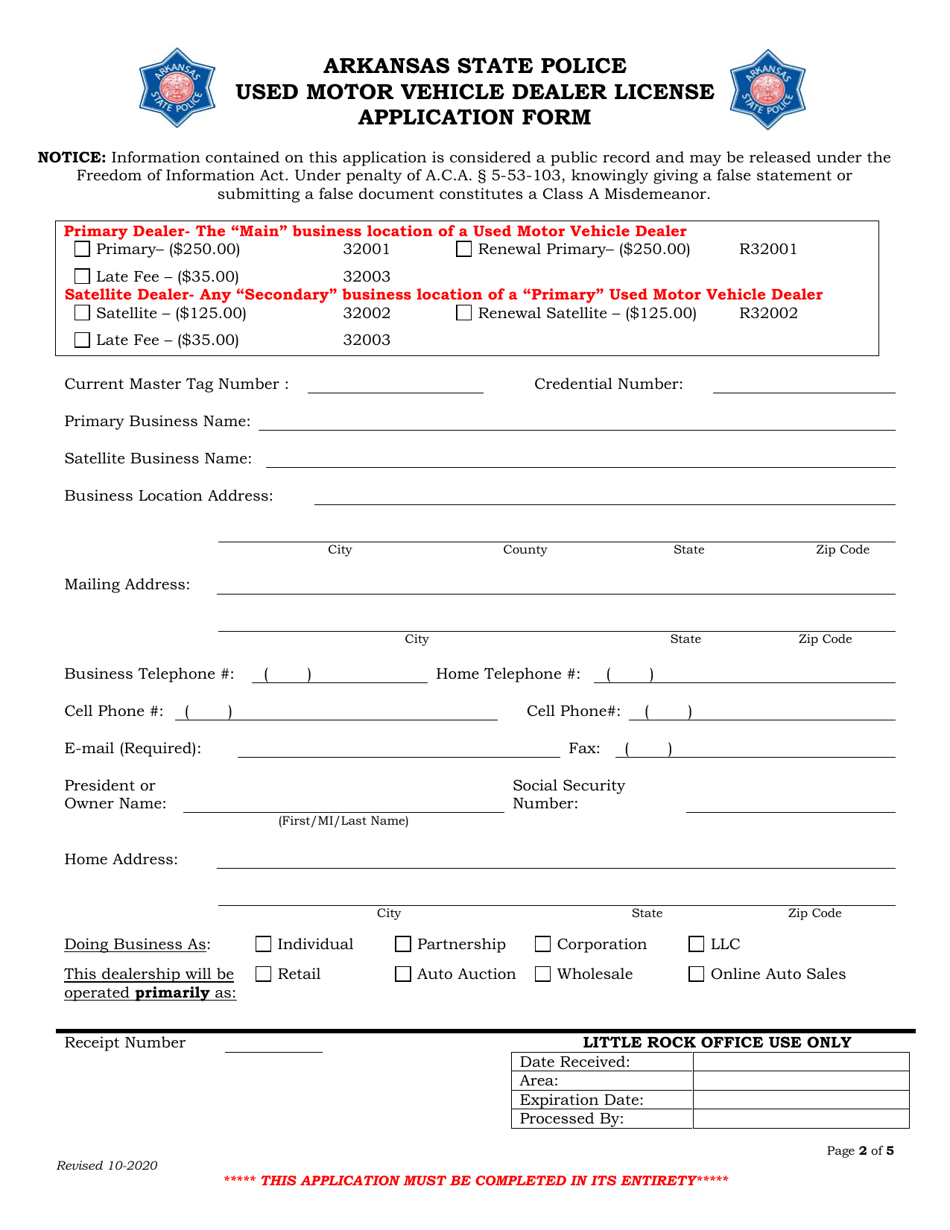 Arkansas Used Motor Vehicle Dealer License Application Form Fill Out