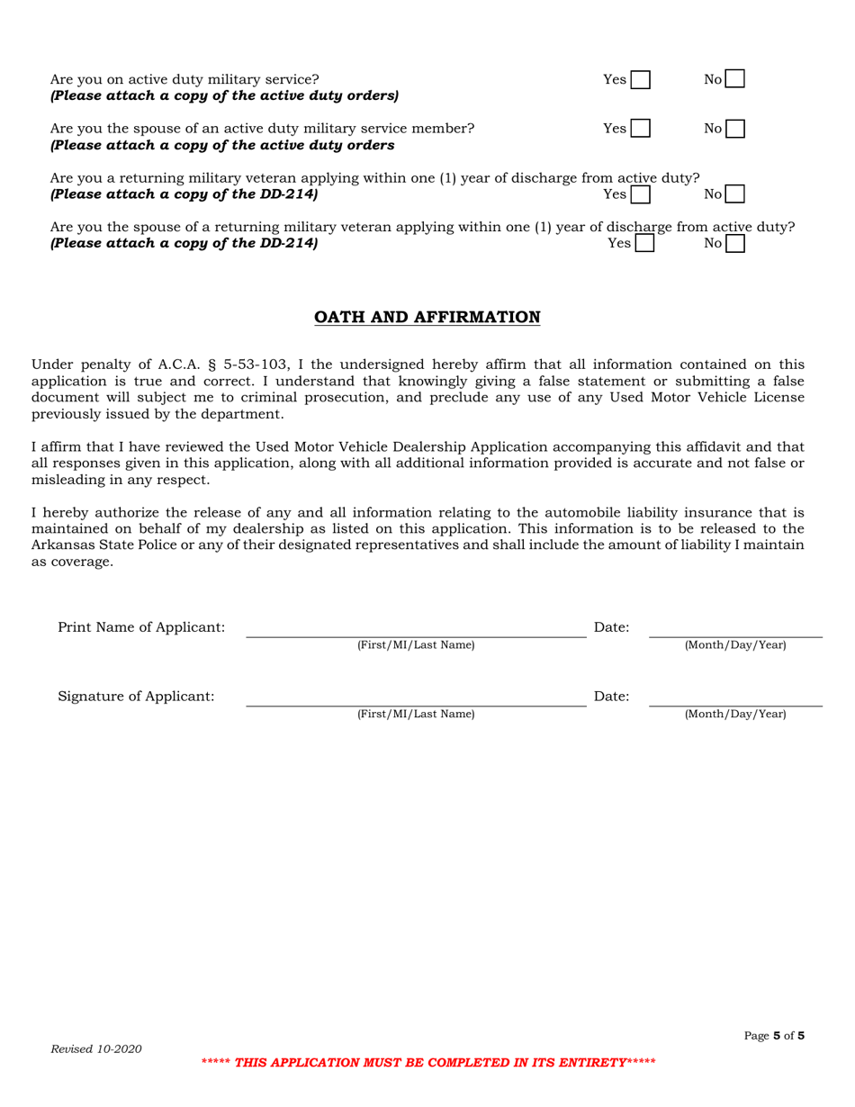 Arkansas Used Motor Vehicle Dealer License Application Form Fill Out