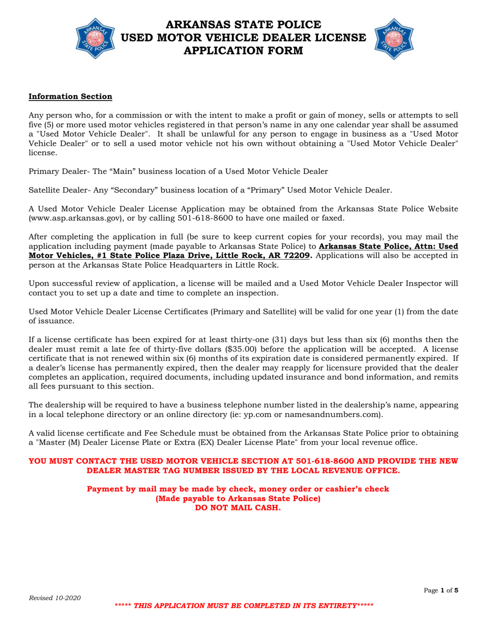 Arkansas Used Motor Vehicle Dealer License Application Form Fill Out