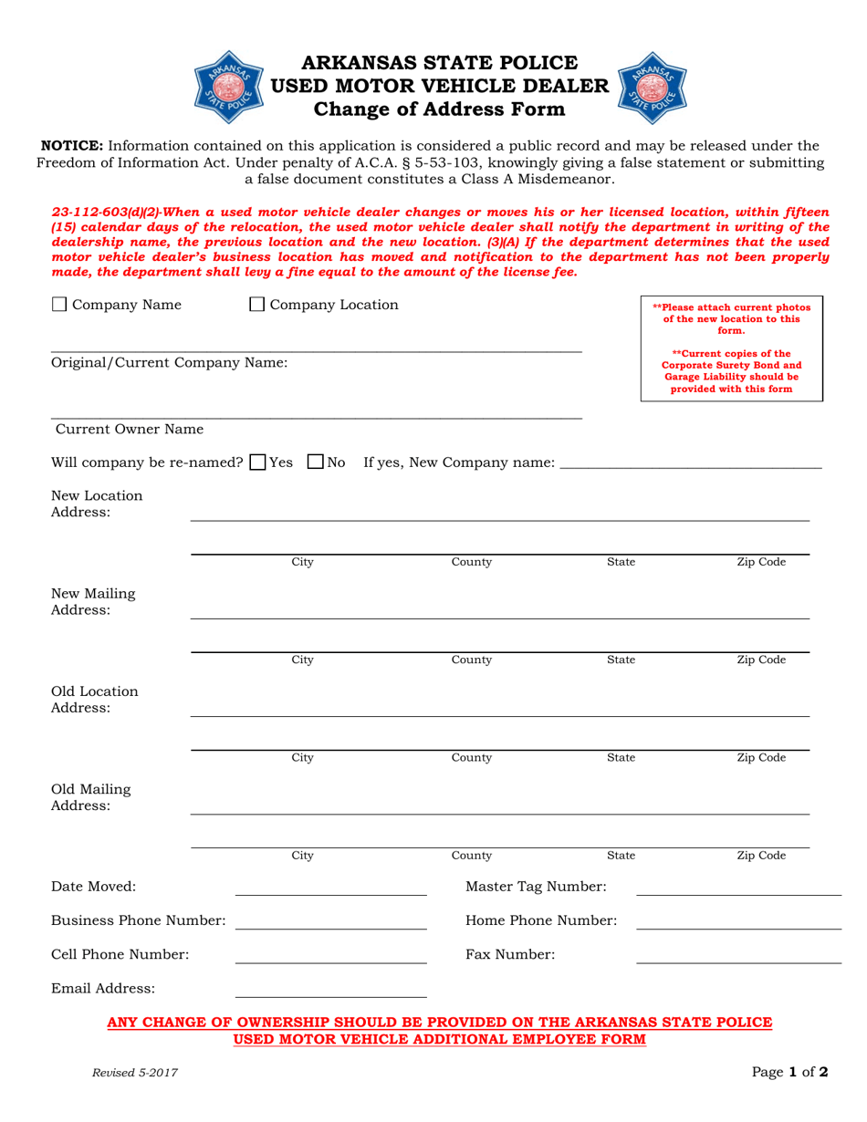 Used Motor Vehicle Dealer Change of Address Form - Arkansas, Page 1