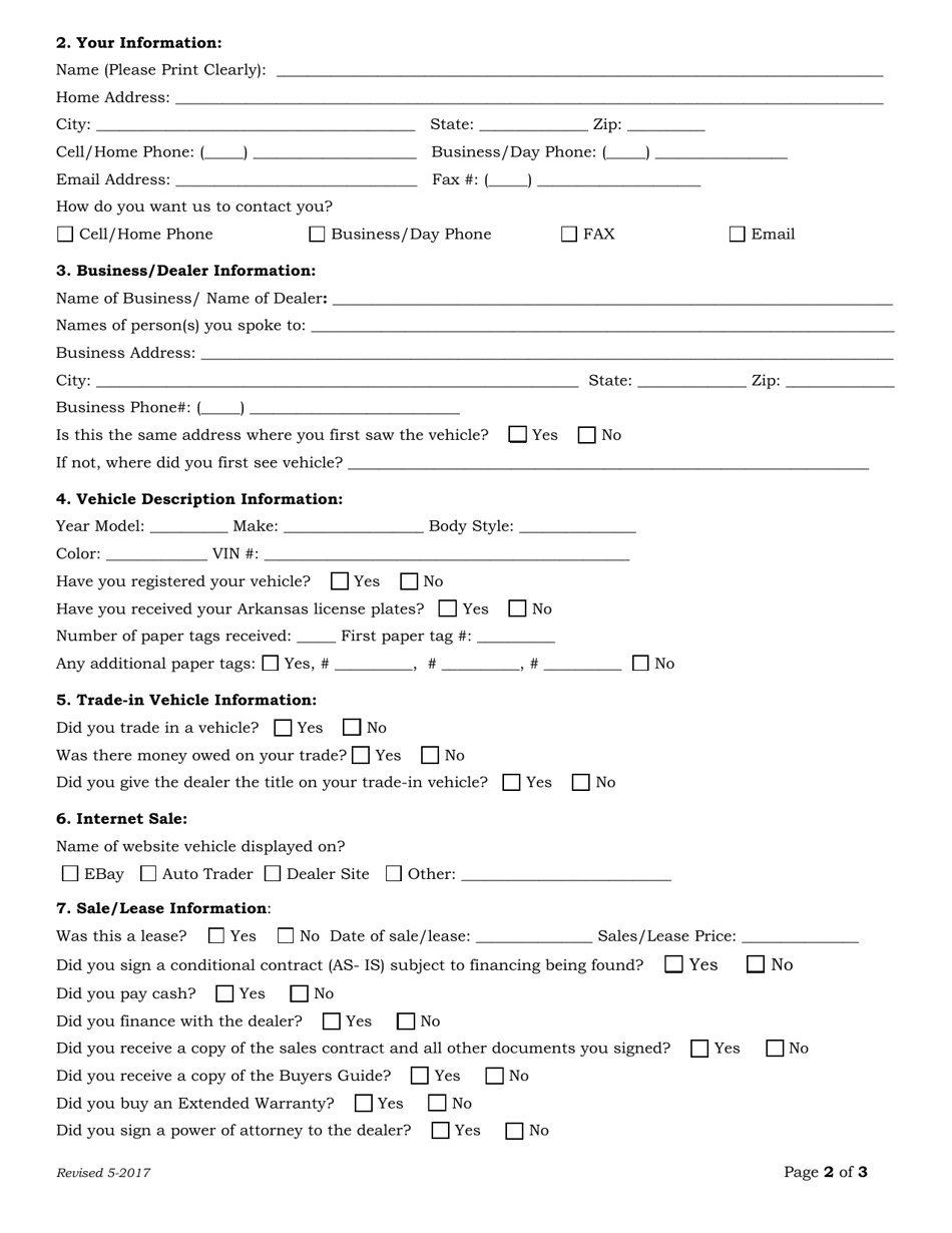Used Motor Vehicle Dealer License Consumer Complaint Form - Arkansas, Page 2