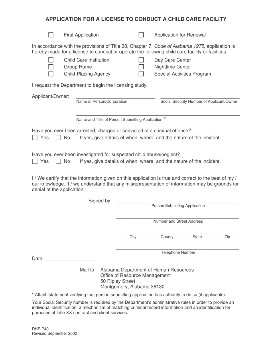 Form DHR-740 Application for a License to Conduct a Child Care Facility - Alabama, Page 1