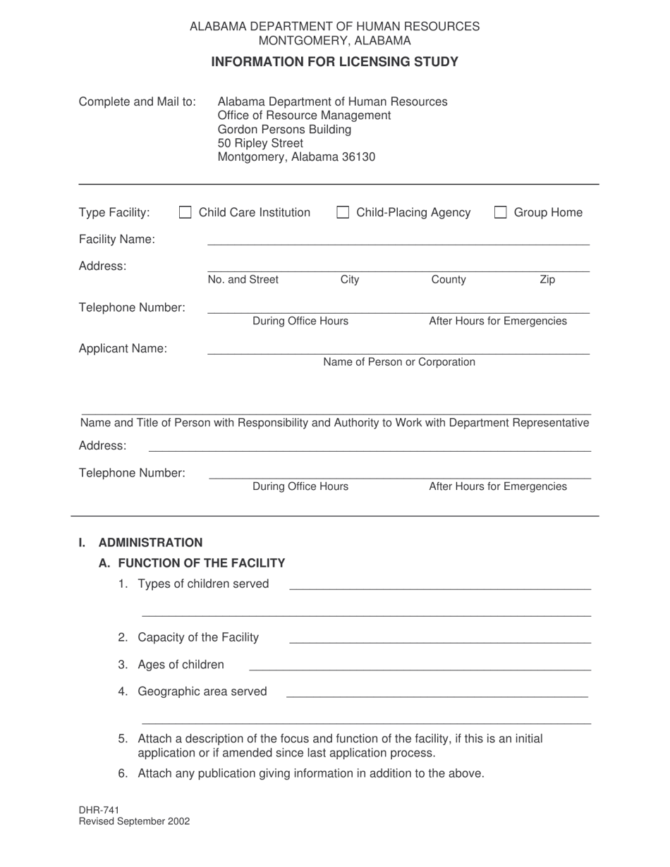 Form DHR-741 Information for Licensing Study - Alabama, Page 1