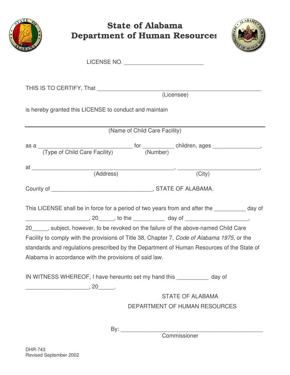 Form DHR-743 Child Care Facility License - Alabama, Page 1