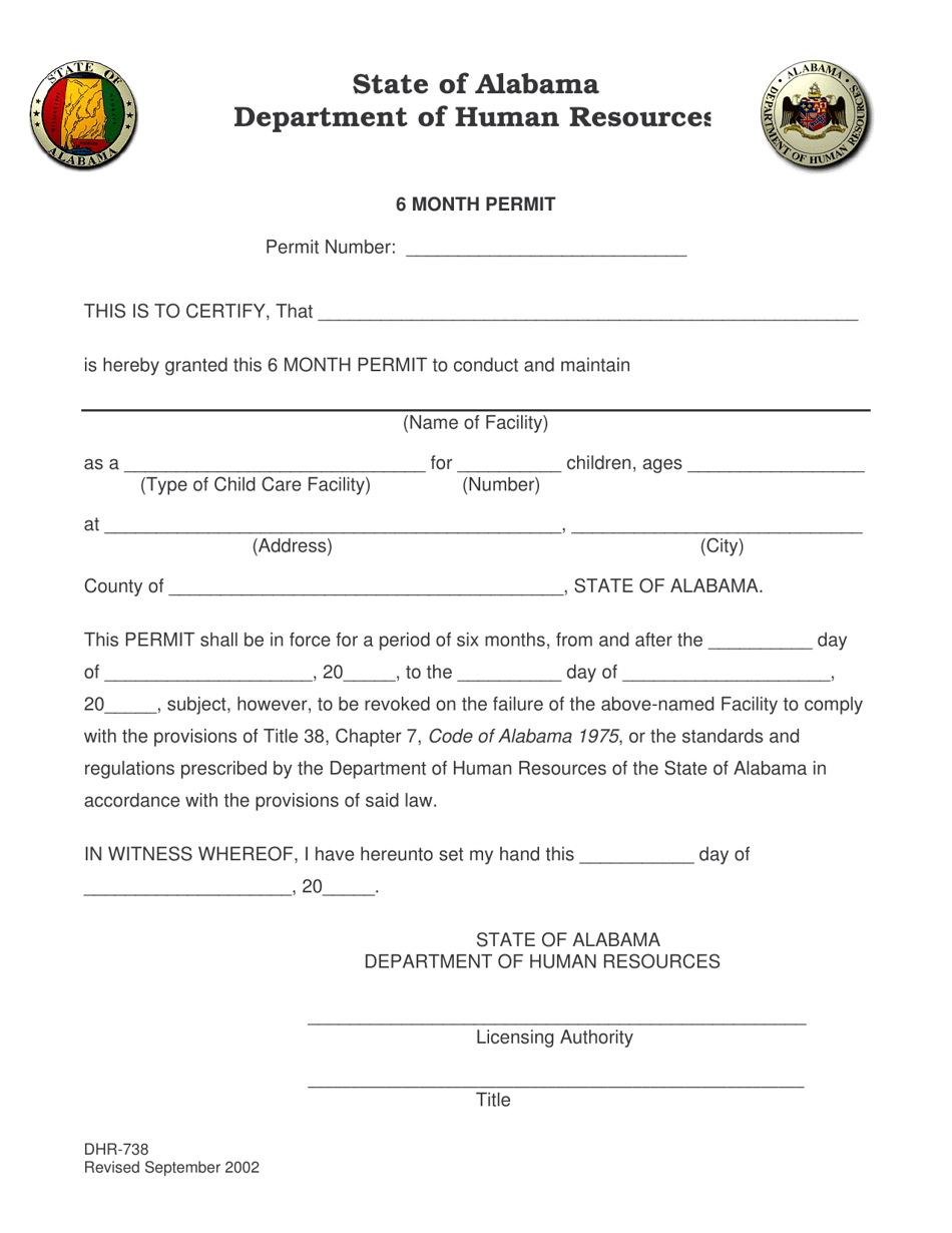 Form DHR-738 6 Month Permit - Alabama, Page 1