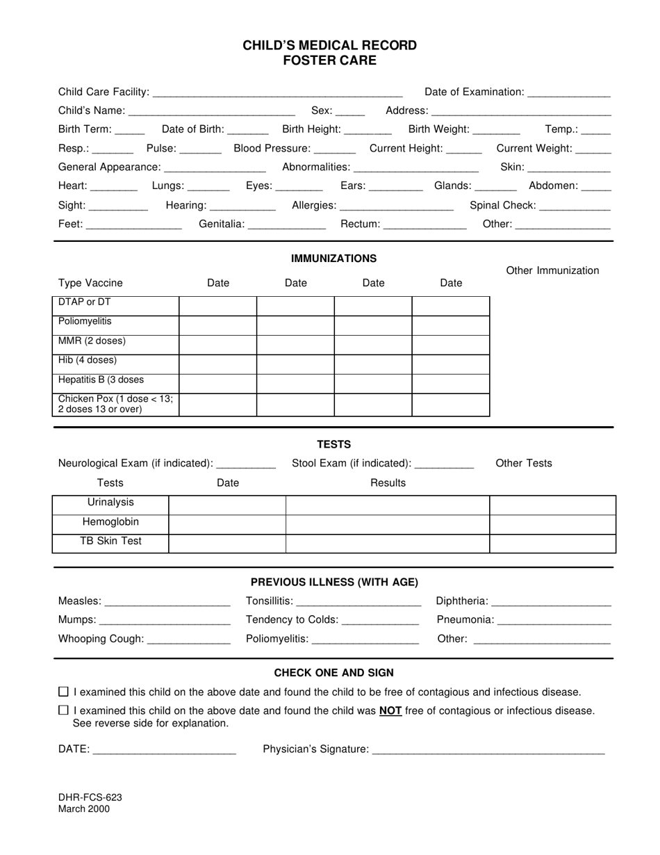 Form DHR-FCS-623 Childs Medical Record Foster Care - Alabama, Page 1