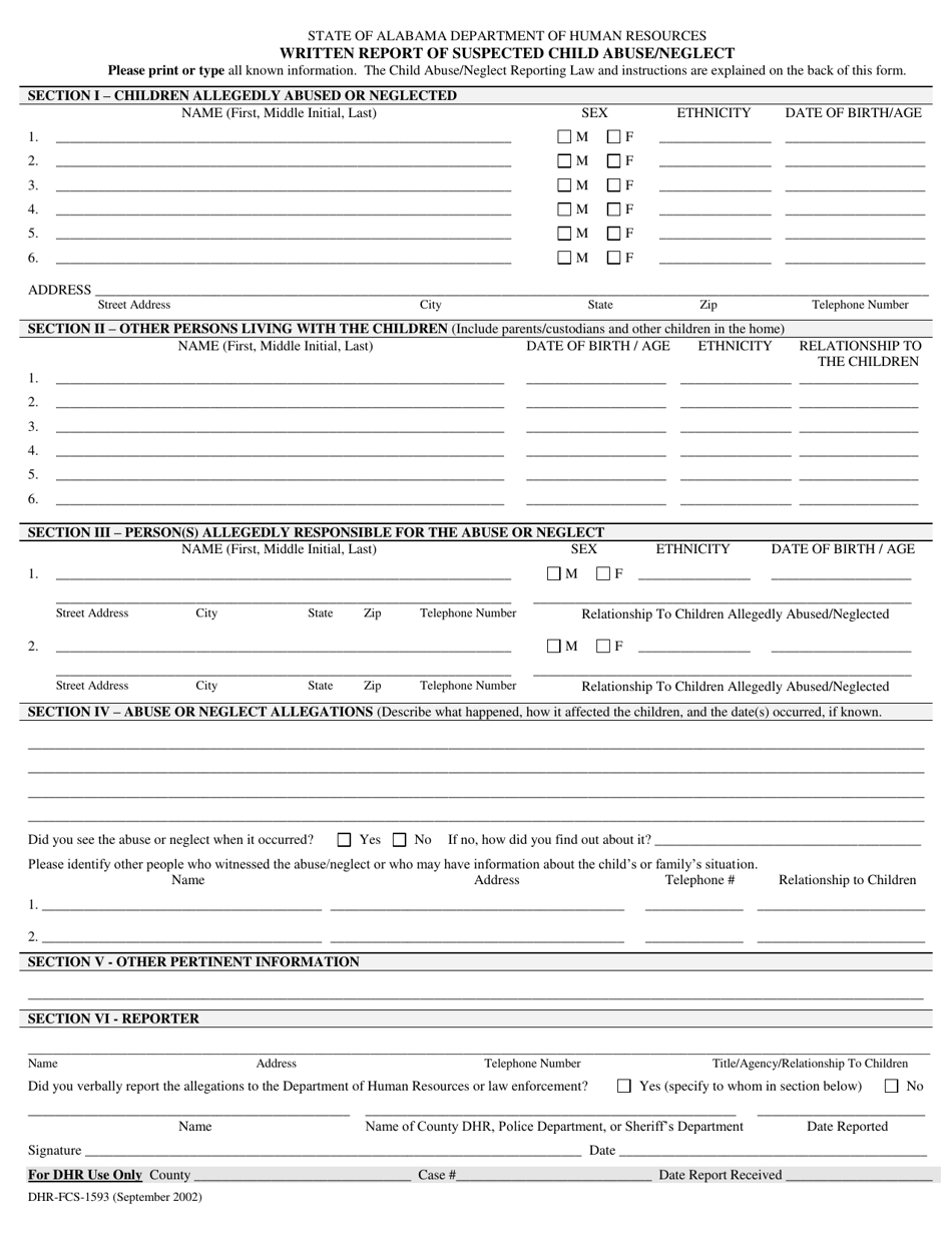 Form DHR-FCS-1593 Written Report of Suspected Child Abuse / Neglect - Alabama, Page 1
