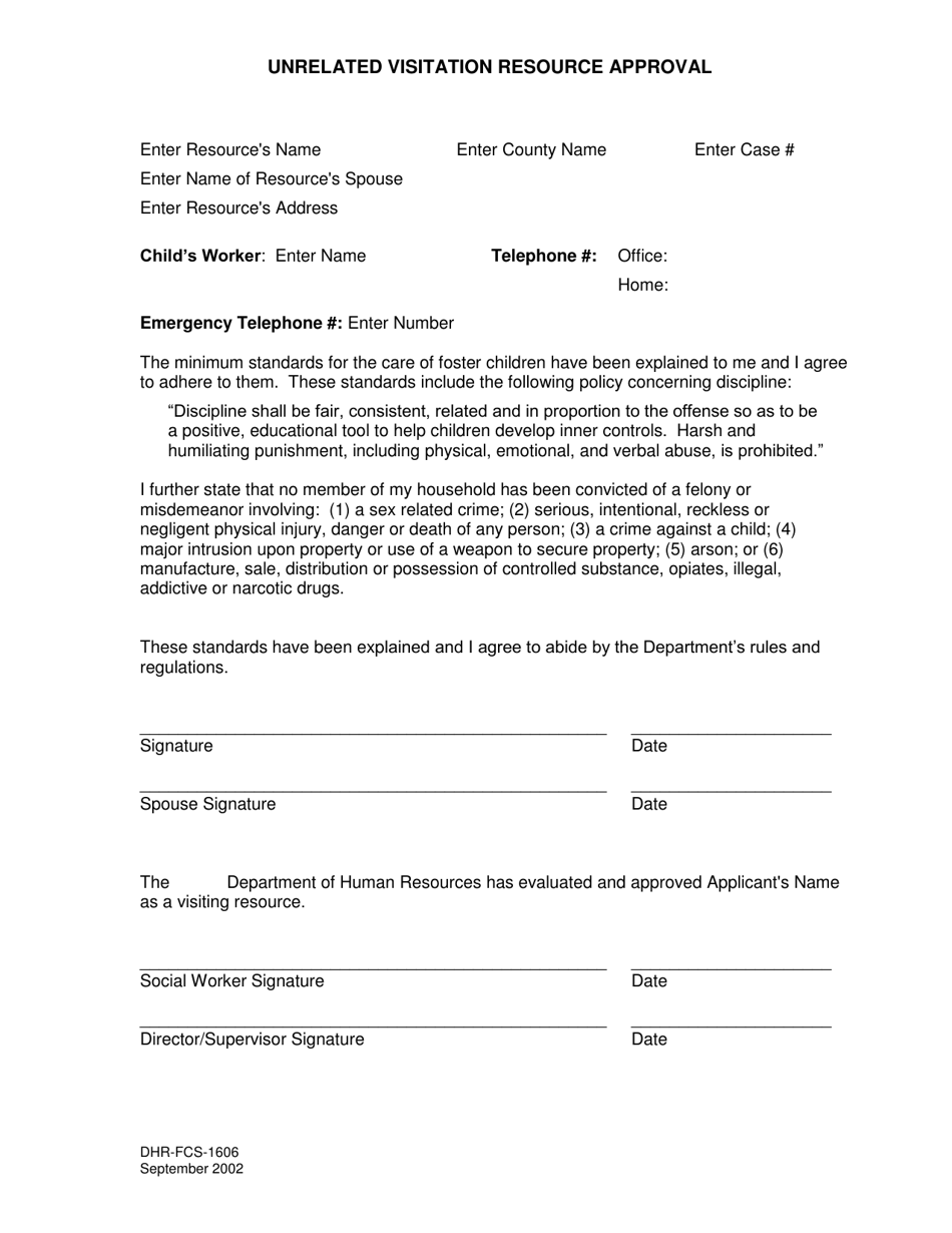 Form DHR-FCS-1606 Unrelated Visitation Resource Approval - Alabama, Page 1