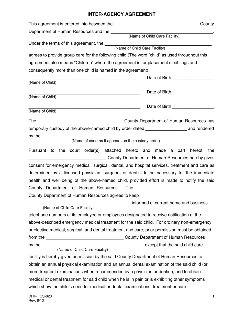 Form DHR-FCS-823 Inter-Agency Agreement - Alabama, Page 1