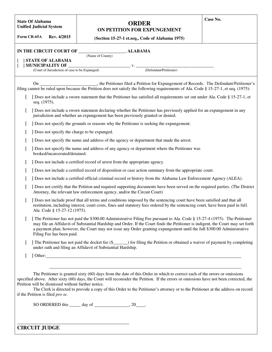 Form CR-65A Order on Petition for Expungement - Alabama, Page 1