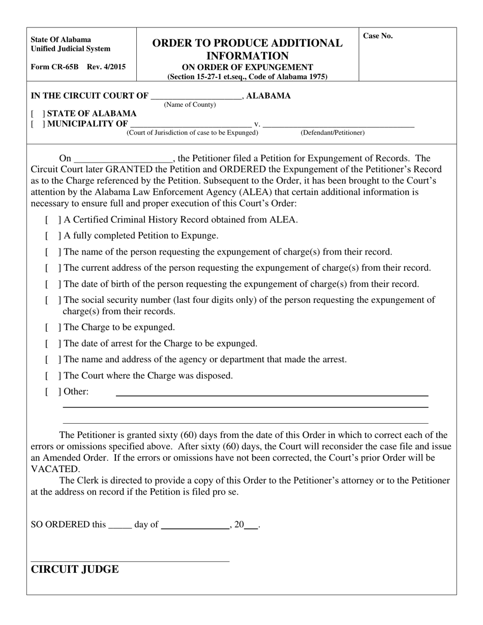 Form CR-65B Order to Produce Additional Information on Order of Expungement - Alabama, Page 1