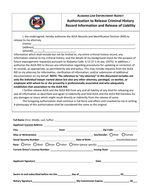 Authorization to Release Criminal History Record Information and Release of Liability - Alabama Download Pdf