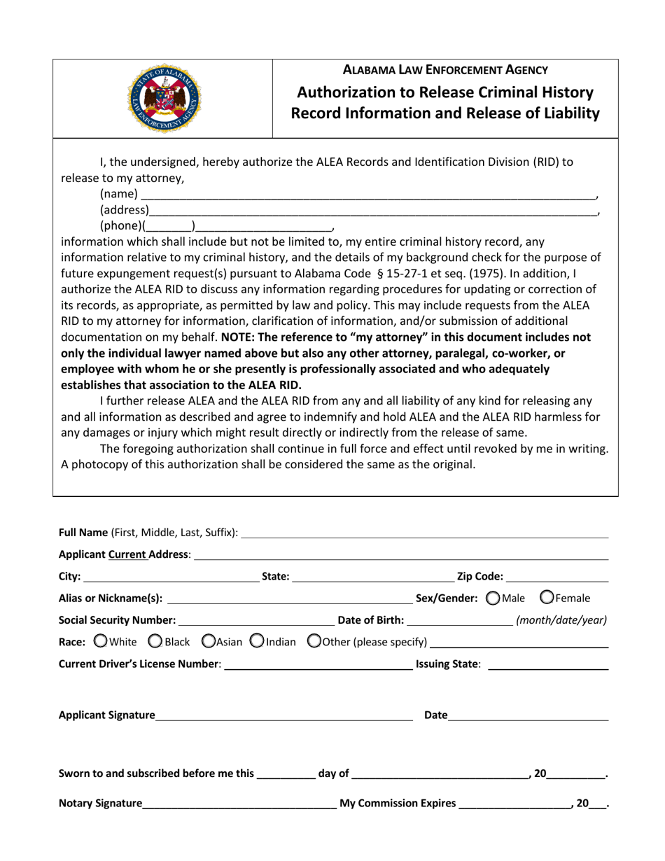 Alabama Authorization To Release Criminal History Record Information And Release Of Liability 9616