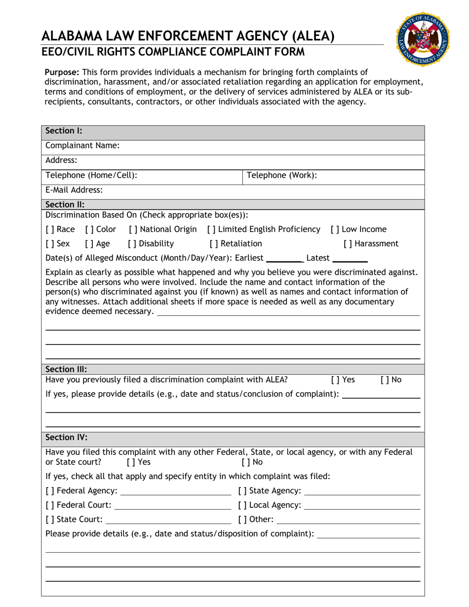 EEO / Civil Rights Compliance Complaint Form - Alabama, Page 1