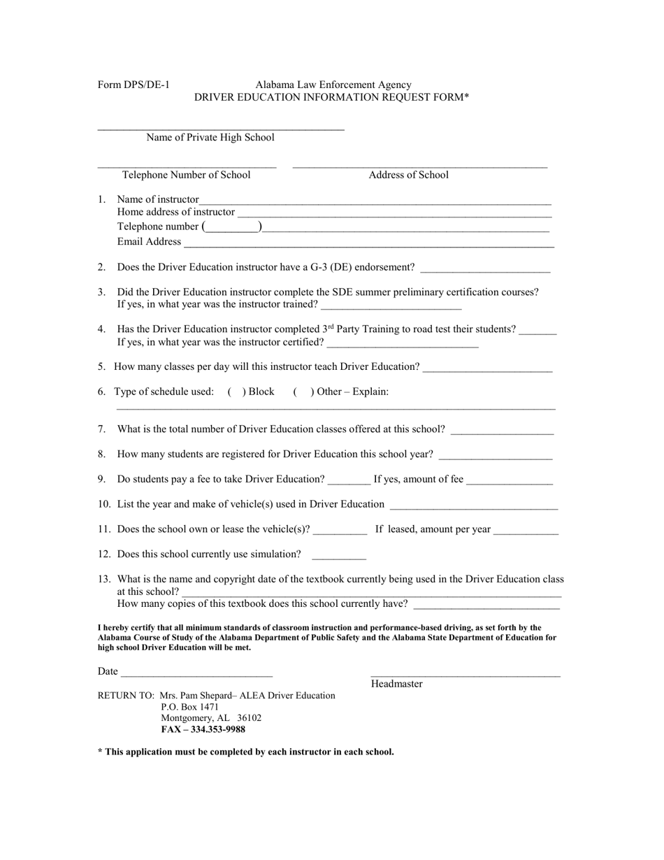 Form DPS/DE-1 Driver Education Information Request Form - Alabama, Page 1