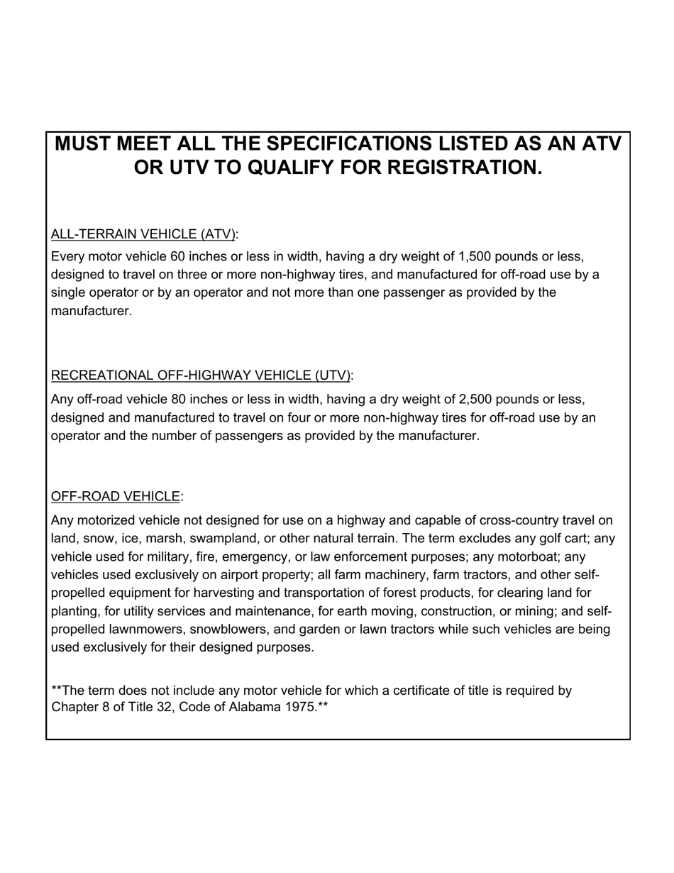 All-terrain and Utility Terrain Vehicle Application for Registration, Transfer, and Replacement - Alabama, Page 2