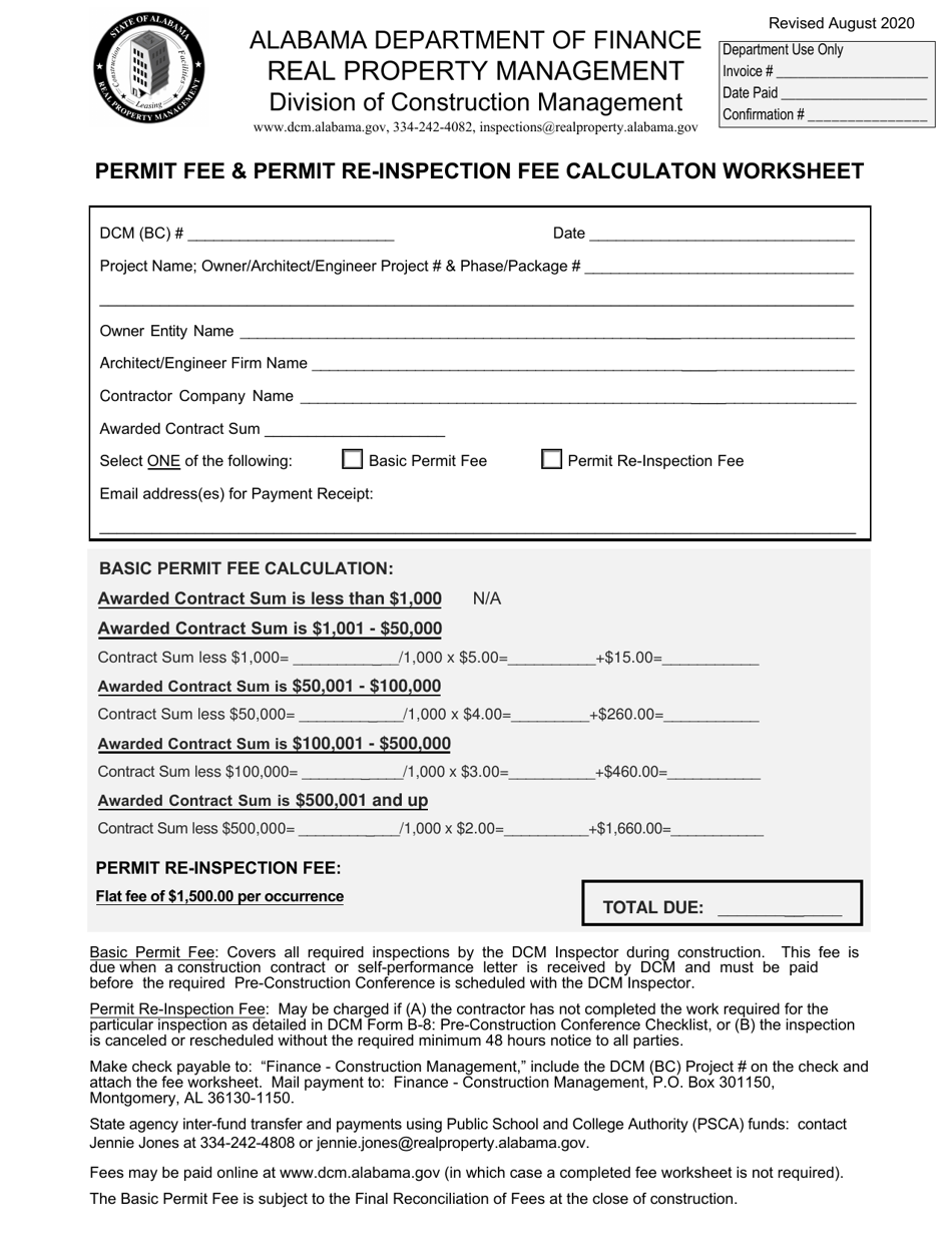 Permit Fee  Permit Re-inspection Fee Calculaton Worksheet - Alabama, Page 1