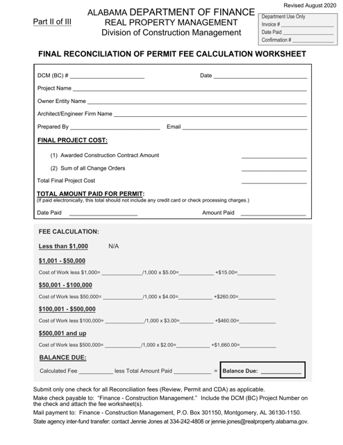 Form II Final Reconciliation of Permit Fee Calculation Worksheet - Alabama