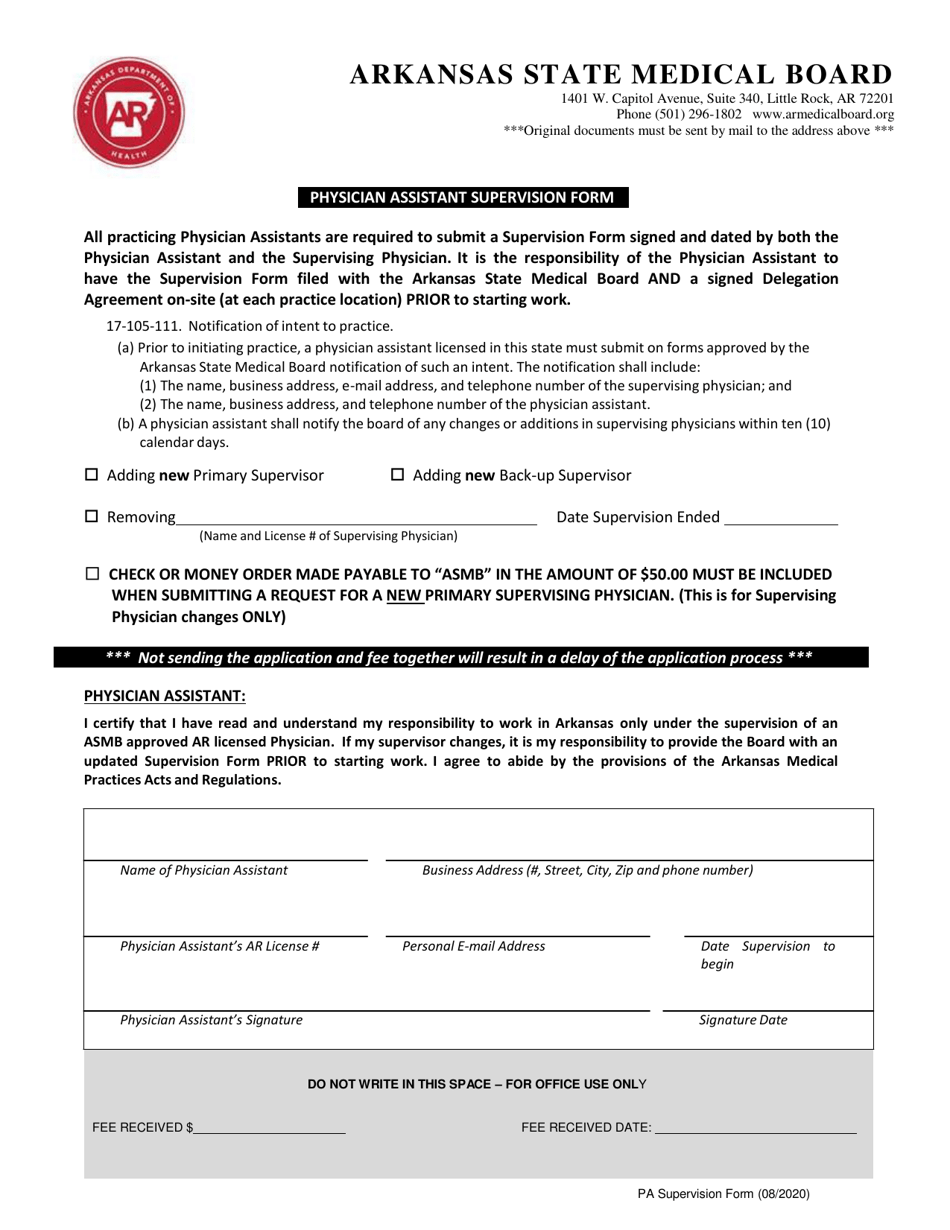 Physician Assistant Supervision Form - Arkansas, Page 1