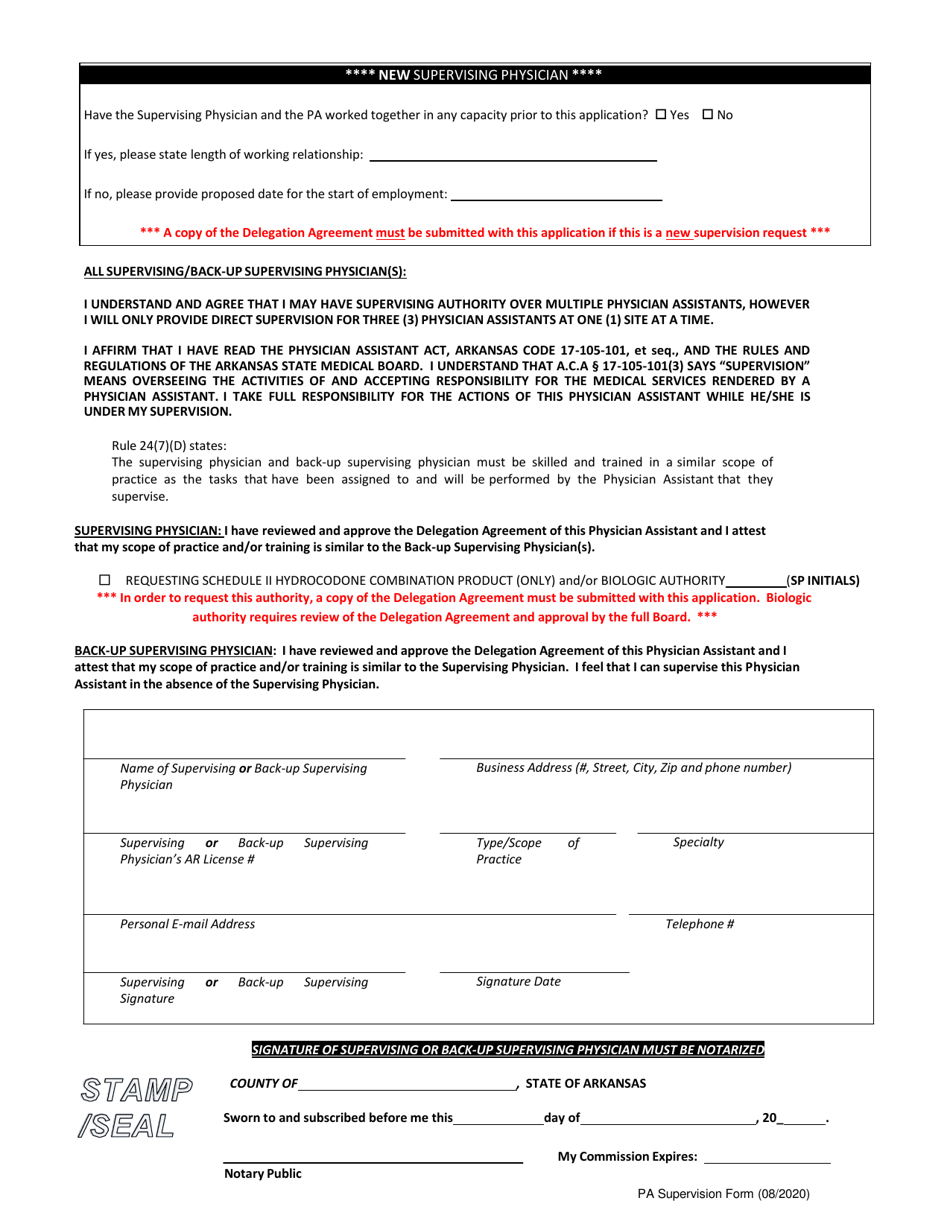 Arkansas Physician Assistant Supervision Form Fill Out, Sign Online and Download PDF