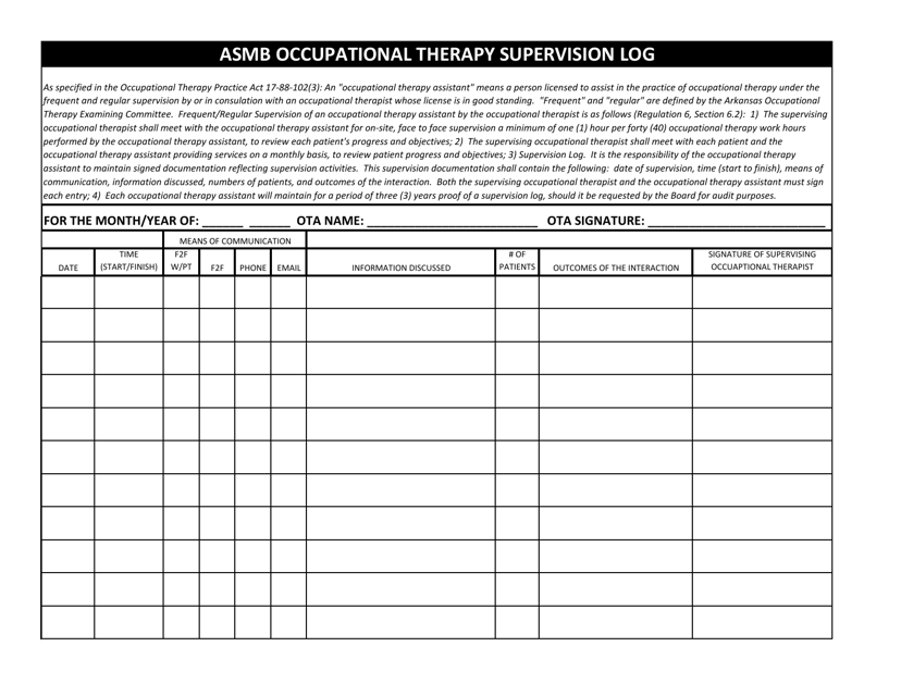 Asmb Occupational Therapy Supervision Log - Arkansas Download Pdf