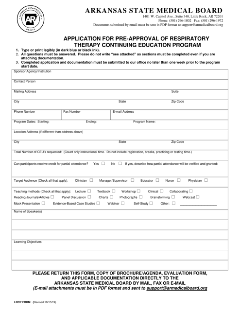 Application for Pre-approval of Respiratory Therapy Continuing Education Program - Arkansas Download Pdf