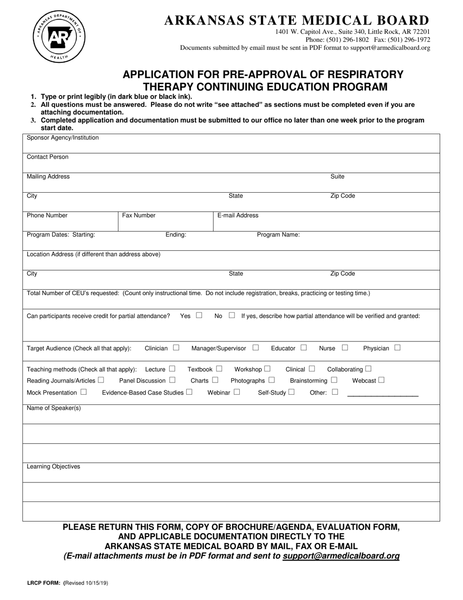 Application for Pre-approval of Respiratory Therapy Continuing Education Program - Arkansas, Page 1