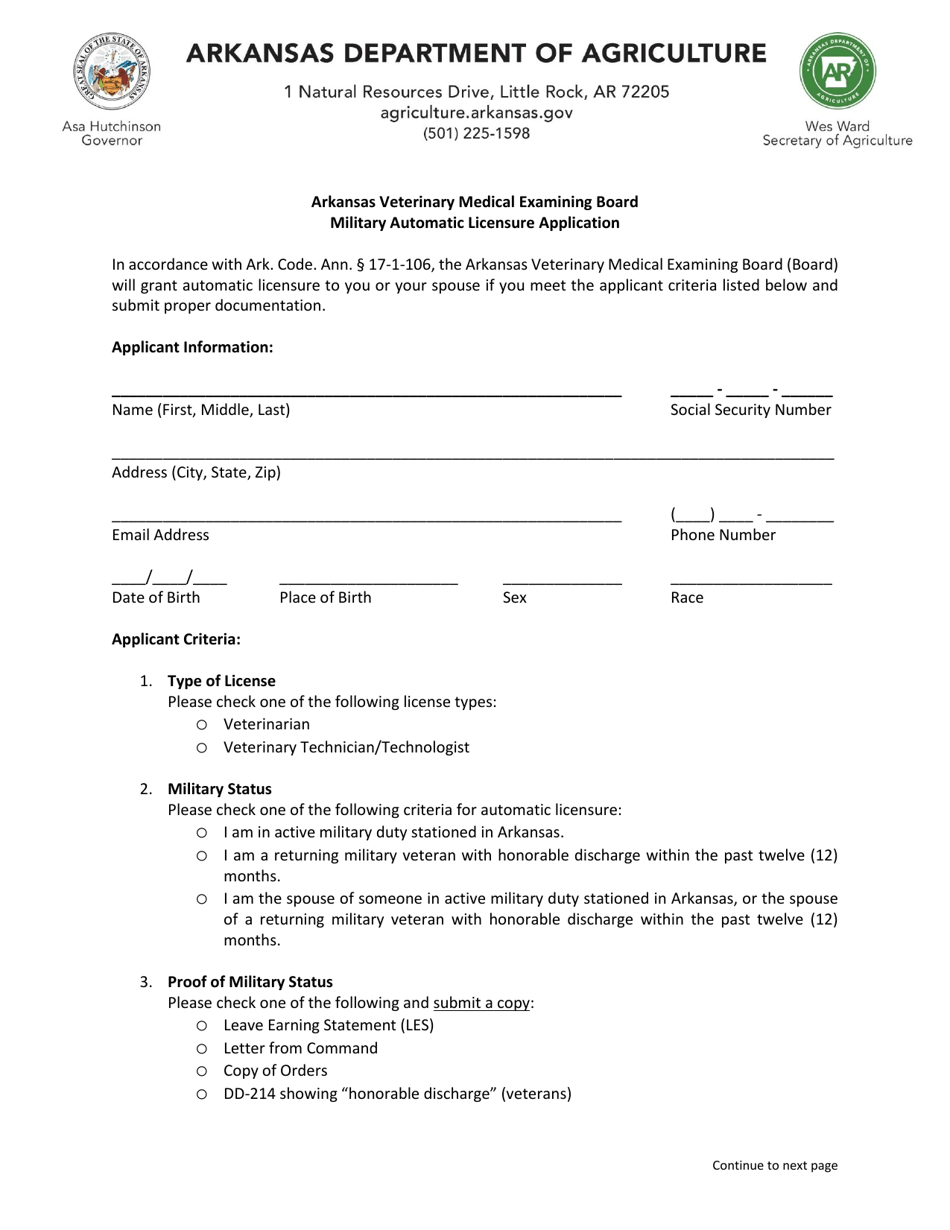 Military Automatic Licensure Application - Arkansas, Page 1