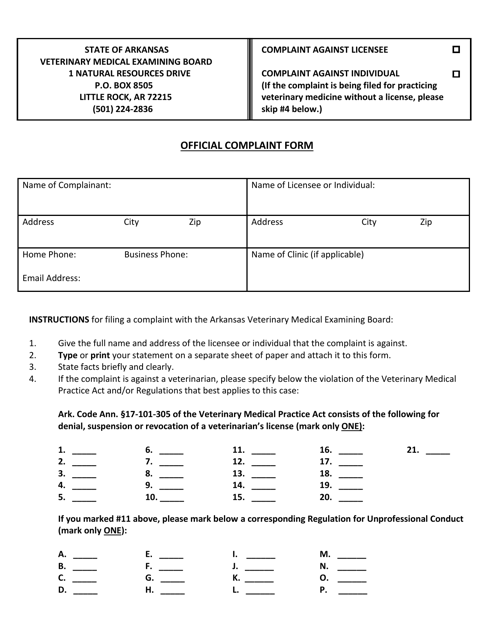 Official Complaint Form - Arkansas Download Pdf