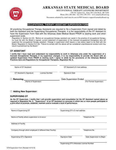 Occupational Therapy Assistant Supervision Form - Arkansas Download Pdf