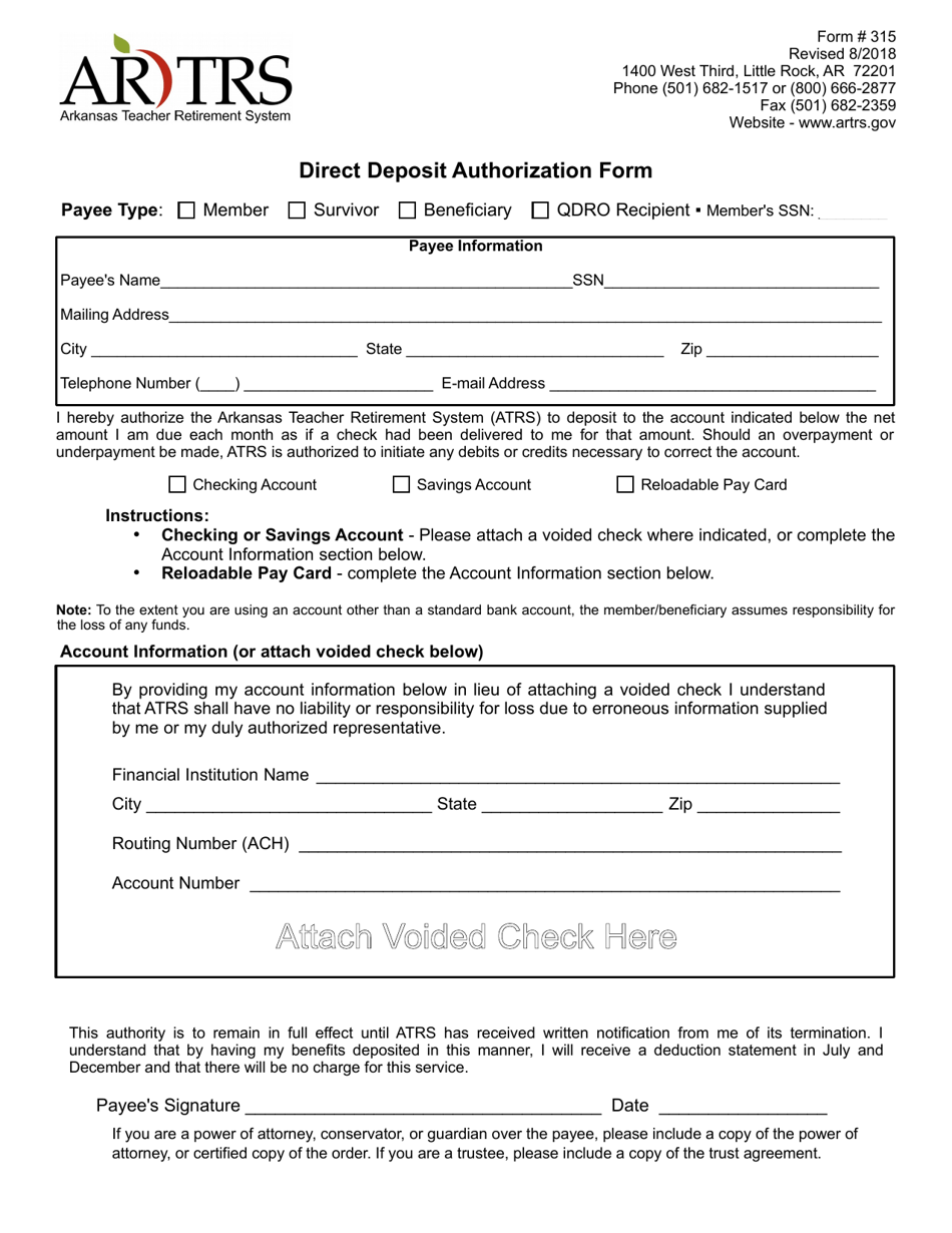Form 315 Direct Deposit Authorization Form - Arkansas, Page 1
