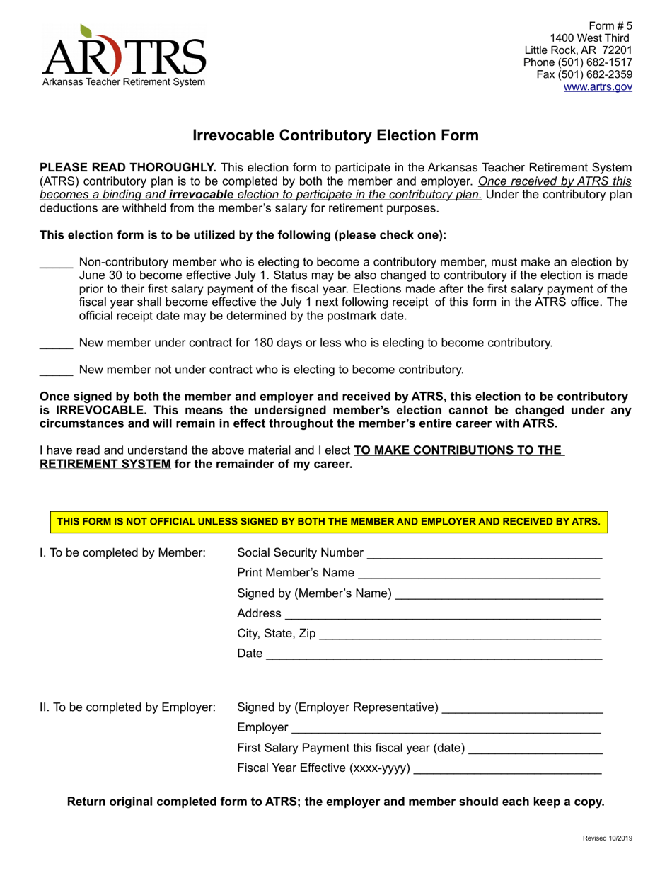 Form 5 Irrevocable Contributory Election Form - Arkansas, Page 1