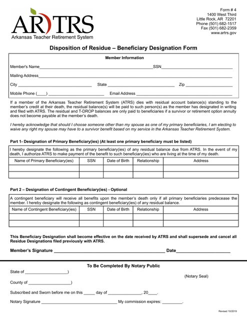 Form 4 Disposition of Residue - Beneficiary Designation Form - Arkansas