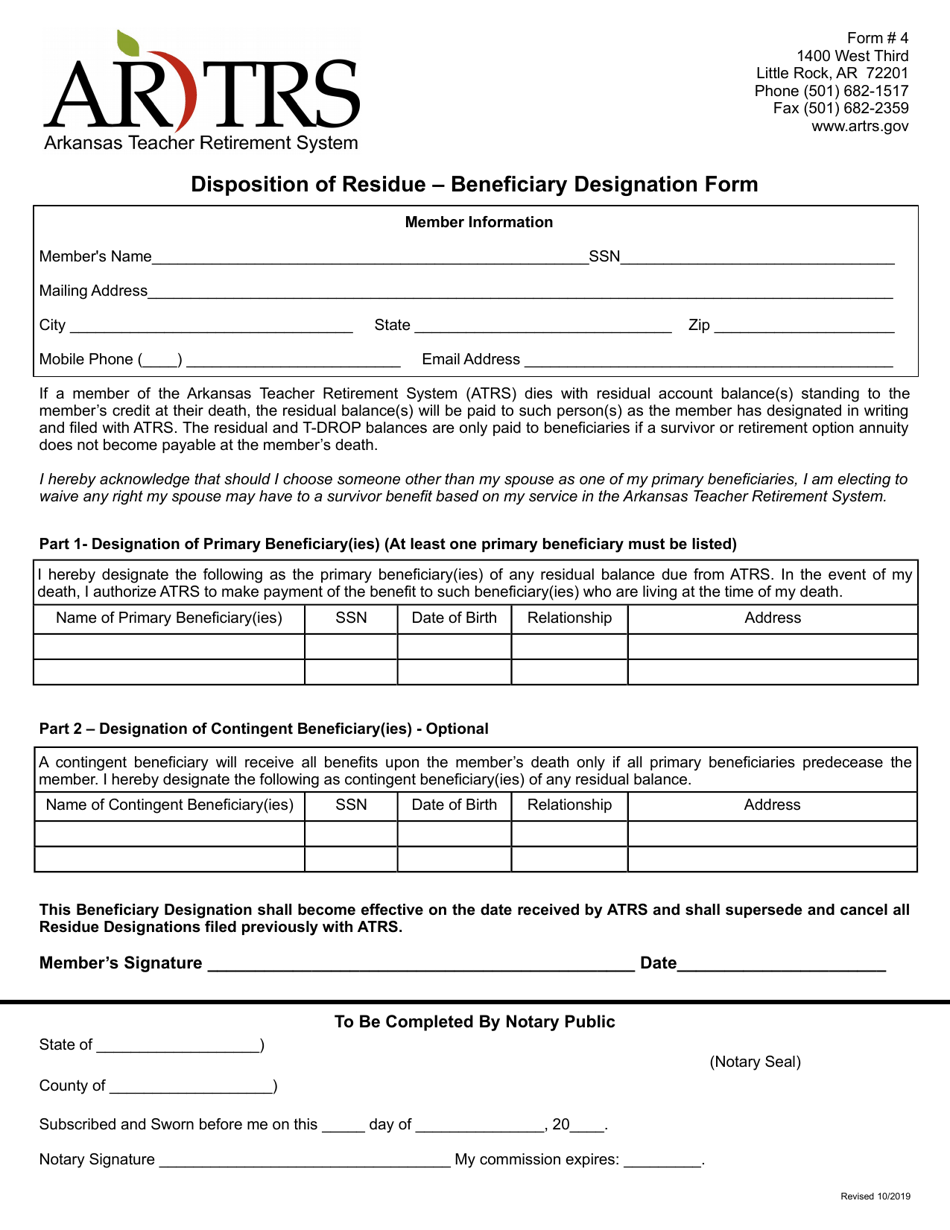 Form 4 Disposition of Residue - Beneficiary Designation Form - Arkansas, Page 1