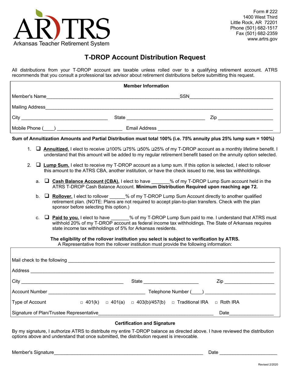 Form 222 T-Drop Account Distribution Request - Arkansas, Page 1