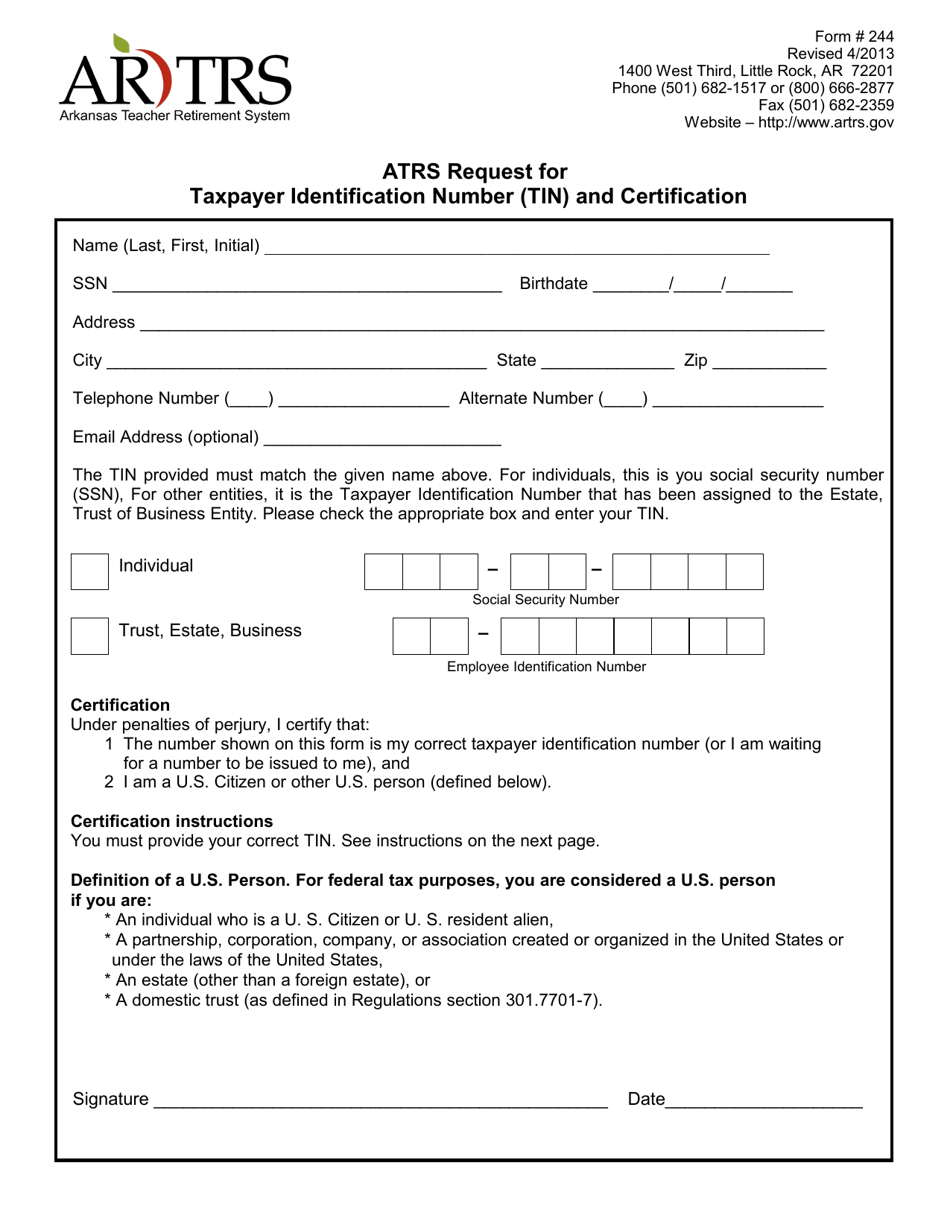 Form 244 Trs Request for Taxpayer Identification Number (Tin) and Certification - Arkansas, Page 1