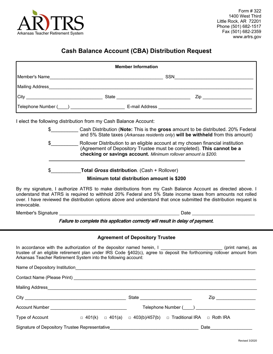 Form 322 Cash Balance Account (Cba) Distribution Request - Arkansas, Page 1