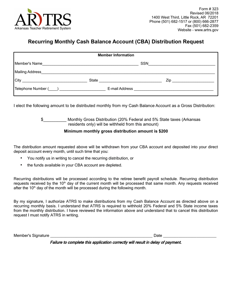 Form 323 Recurring Monthly Cash Balance Account (Cba) Distribution Request - Arkansas, Page 1
