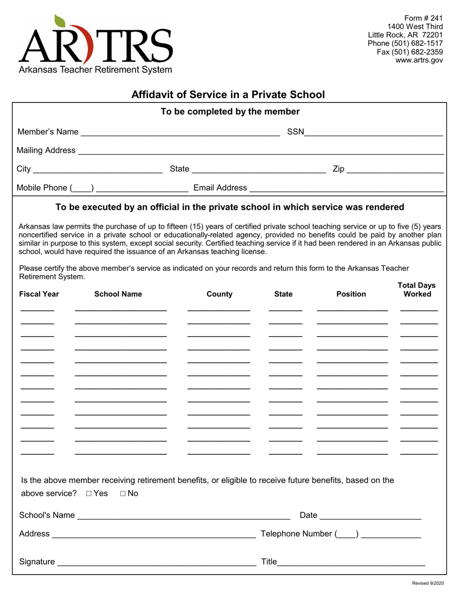 Form 241 Affidavit of Service in a Private School - Arkansas, Page 1