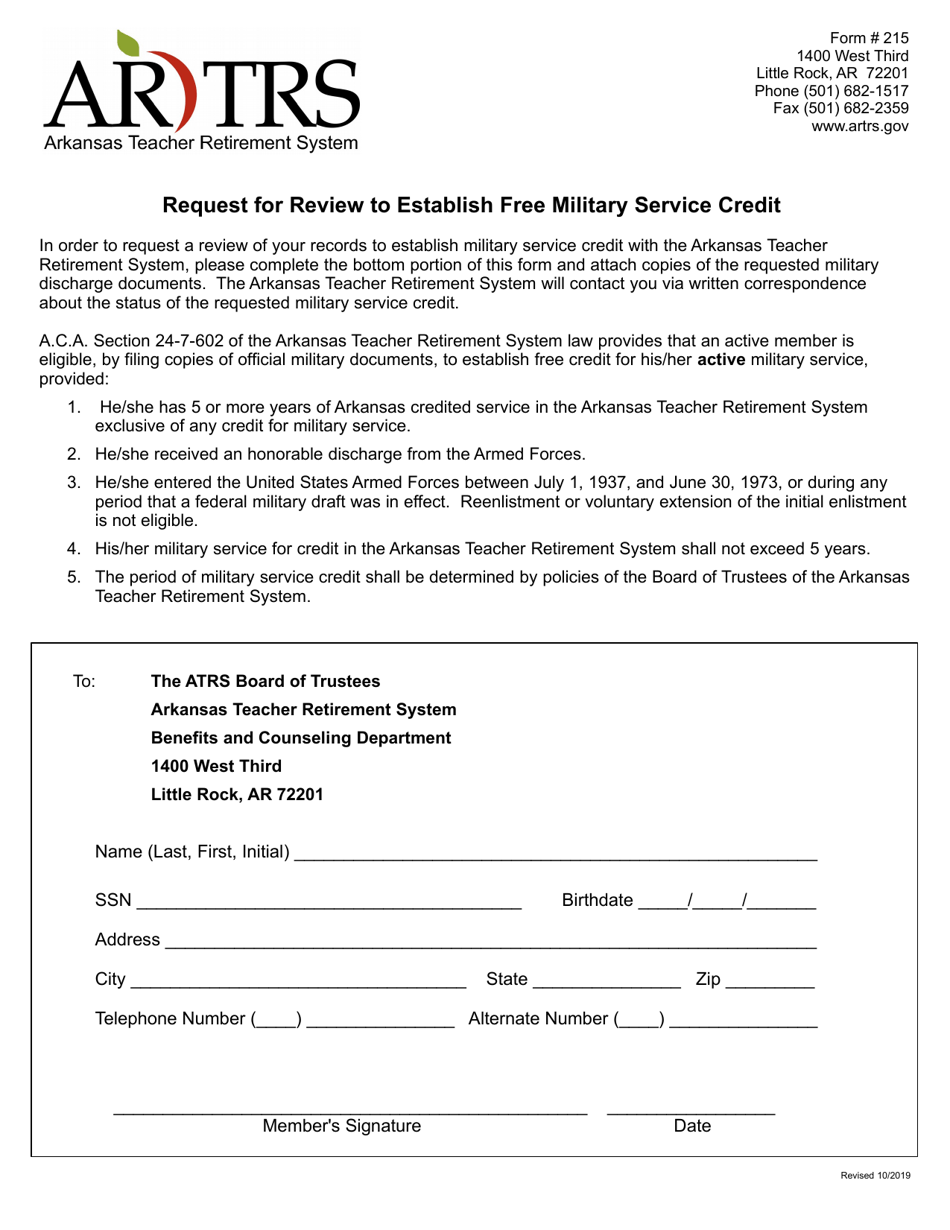 Form 215 Request for Review to Establish Free Military Service Credit - Arkansas, Page 1