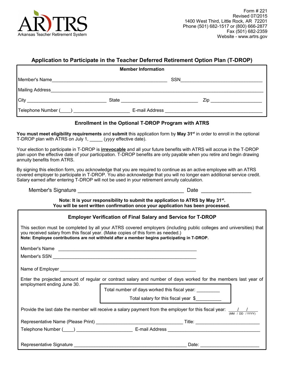 Form 221 Application to Participate in the Teacher Deferred Retirement Option Plan (T-Drop) - Arkansas, Page 1