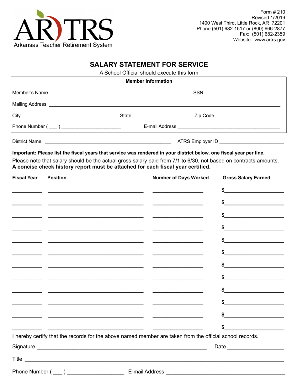 Form 210 Salary Statement for Service - Arkansas, Page 1
