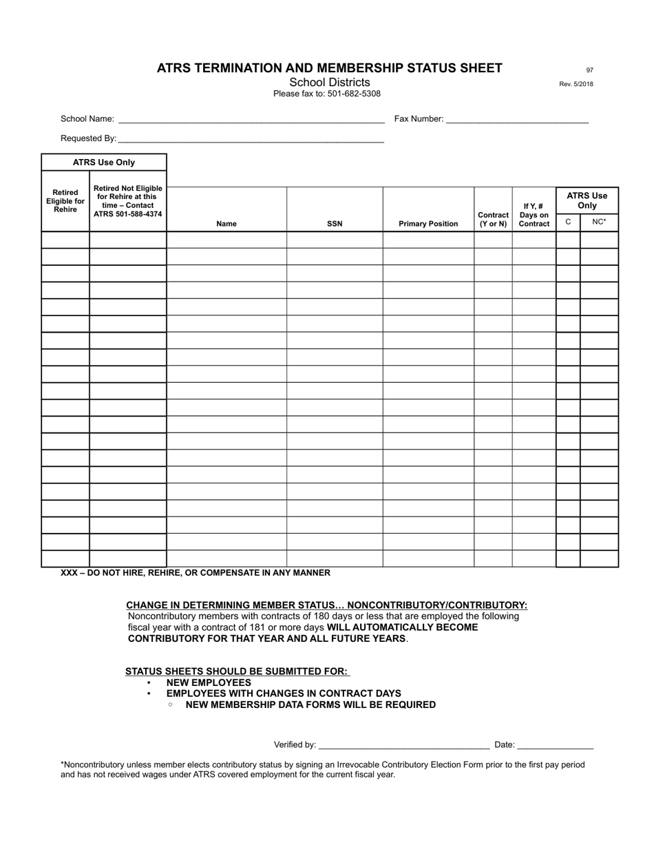 Form 97 Atrs Termination and Membership Status Sheet - School District - Arkansas, Page 1