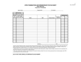 Document preview: Atrs Termination and Membership Status Sheet - State Agencies - Arkansas