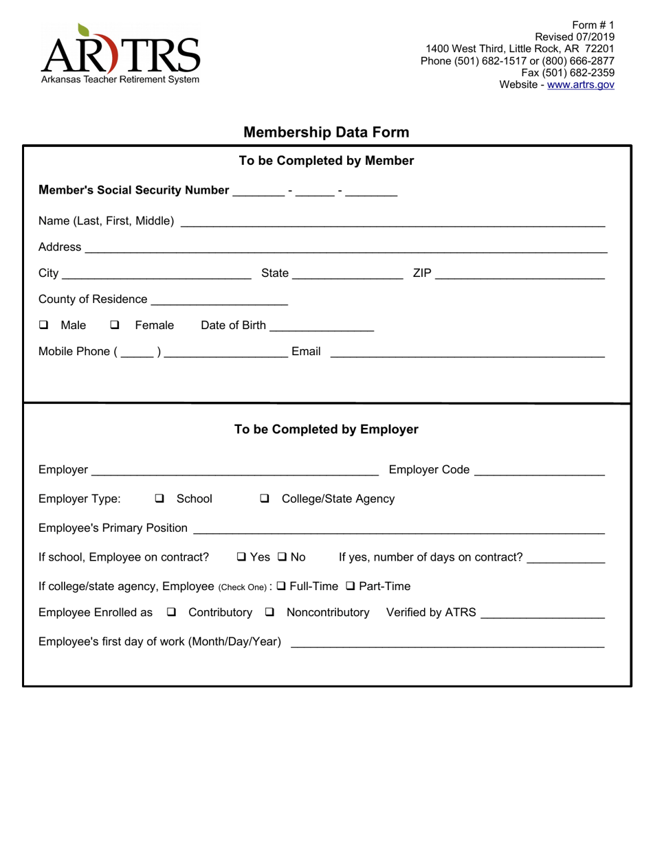 Form 1 Membership Data Form - Arkansas, Page 1