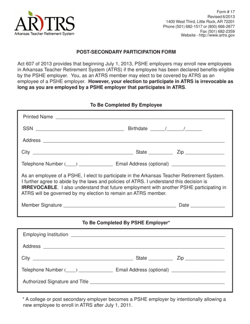 Form 17 Post-secondary Participation Form - Arkansas