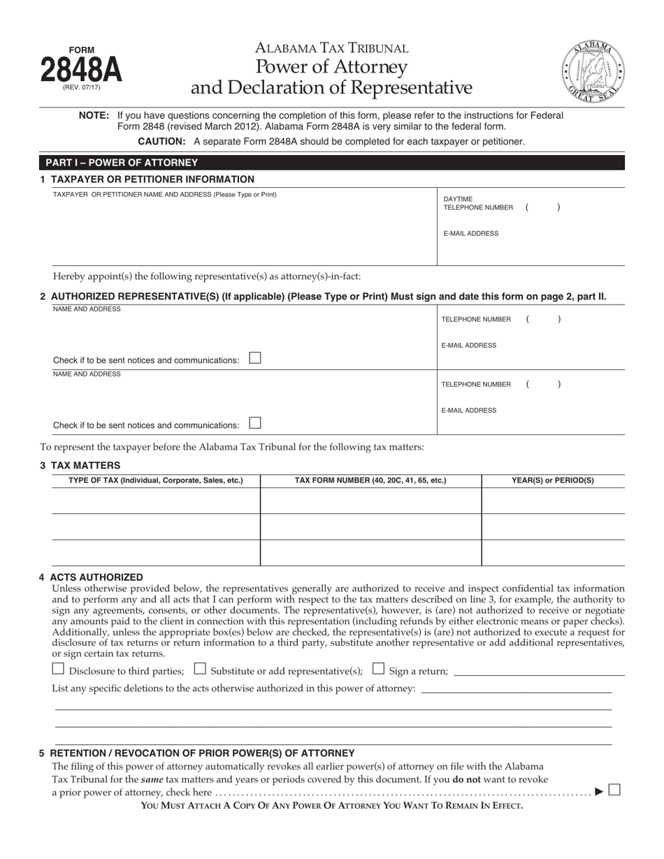 Form 2848A Power of Attorney and Declaration of Representative - Alabama, Page 1